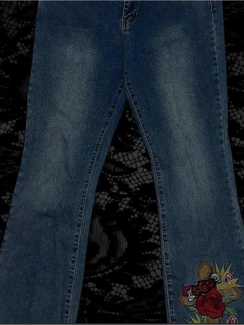Ashley Mason Dark Blue Bootcut Jeans with Floral Embroidery